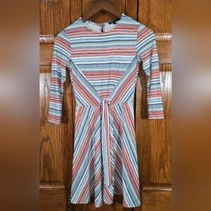 Bebop Striped Tie Waist Blue Green Orange Fit Flare 3/4 Sleeve Dress Sz XXS